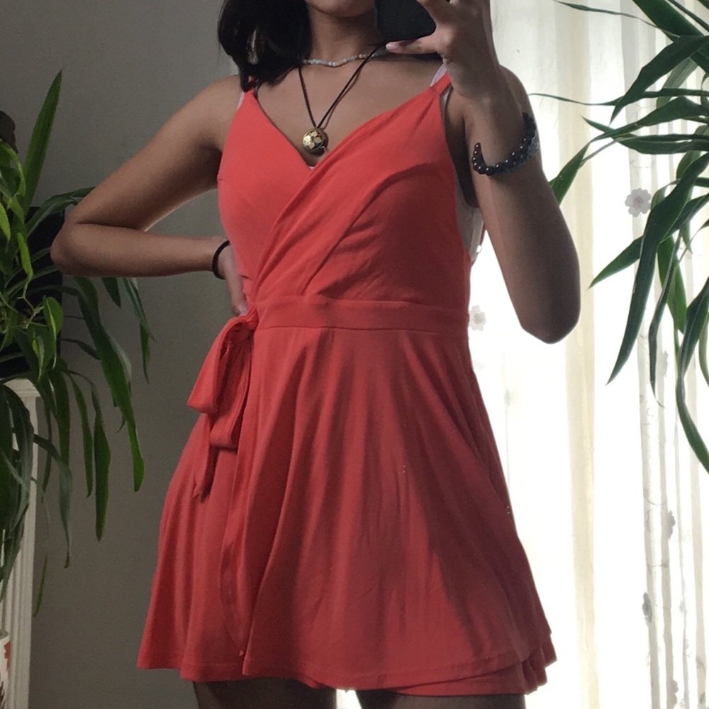 new urban outfitters orange red wrap tie romper